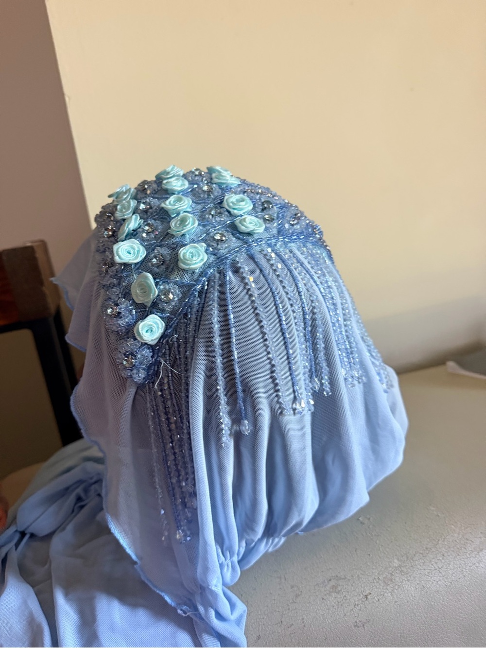 Embellished Light Blue Hijab Scarf with Beaded Fringe